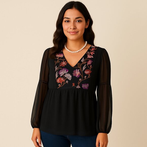 White House Black Market Floral Embroidered Black Chiffon Top – Size 8 - Picture 1 of 6